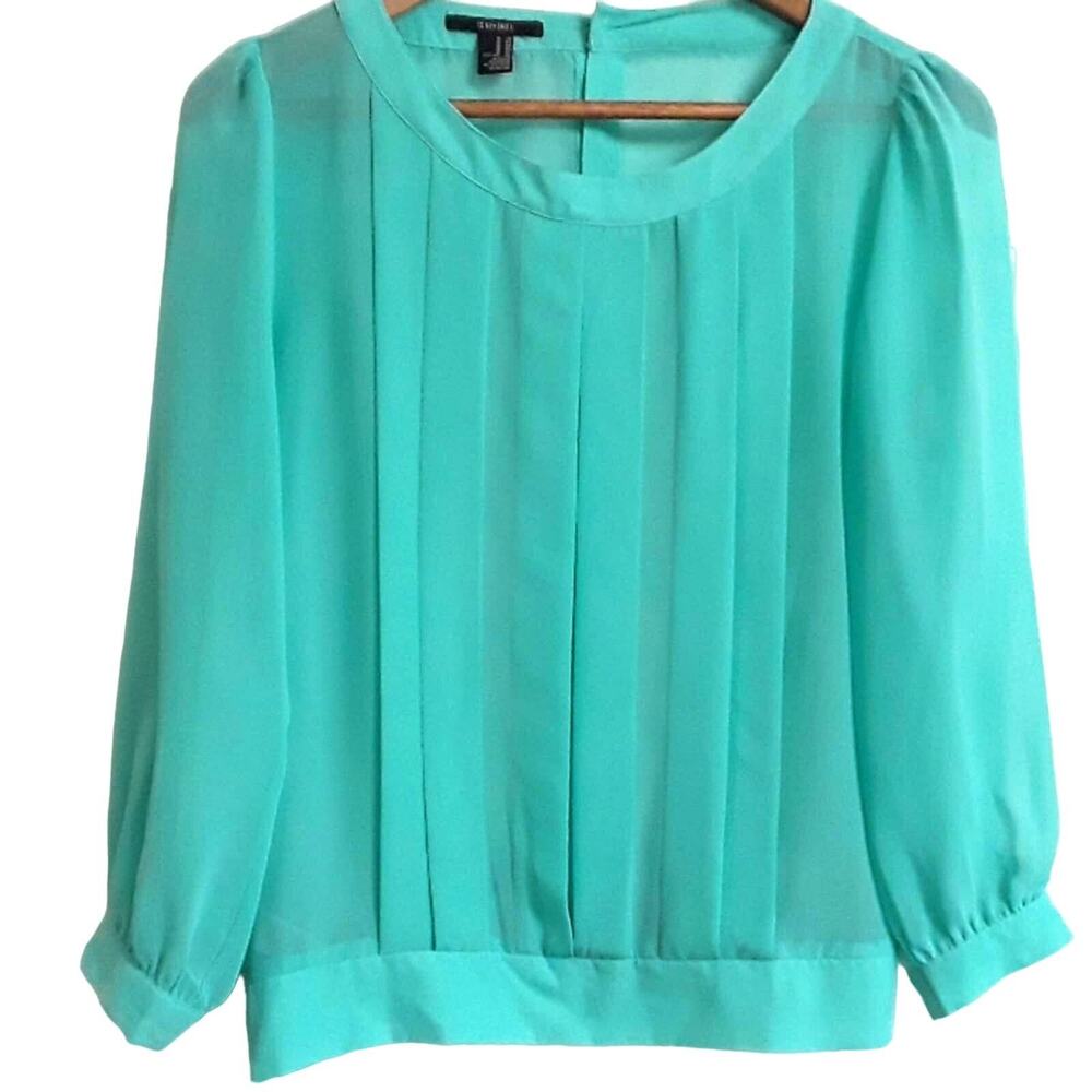 Womens Sz M Kelly Green Cinched Waist Fairy Feminine Sheer Career Wear Blouse